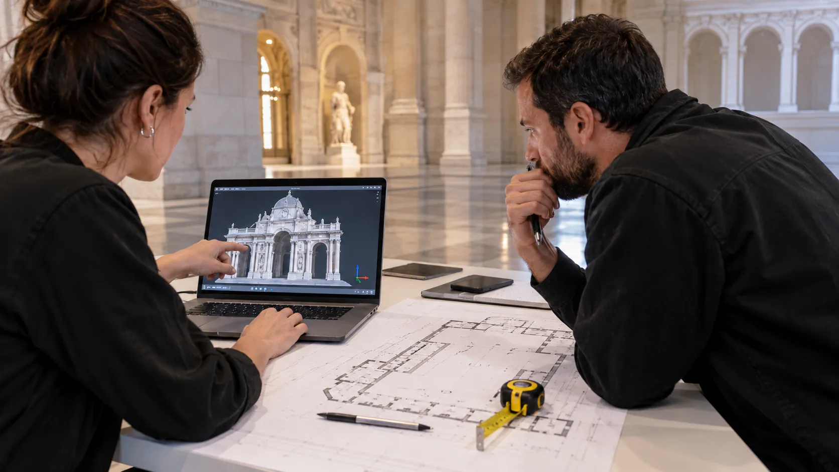 Two people comparing an architectural model with a floor plan and measurements