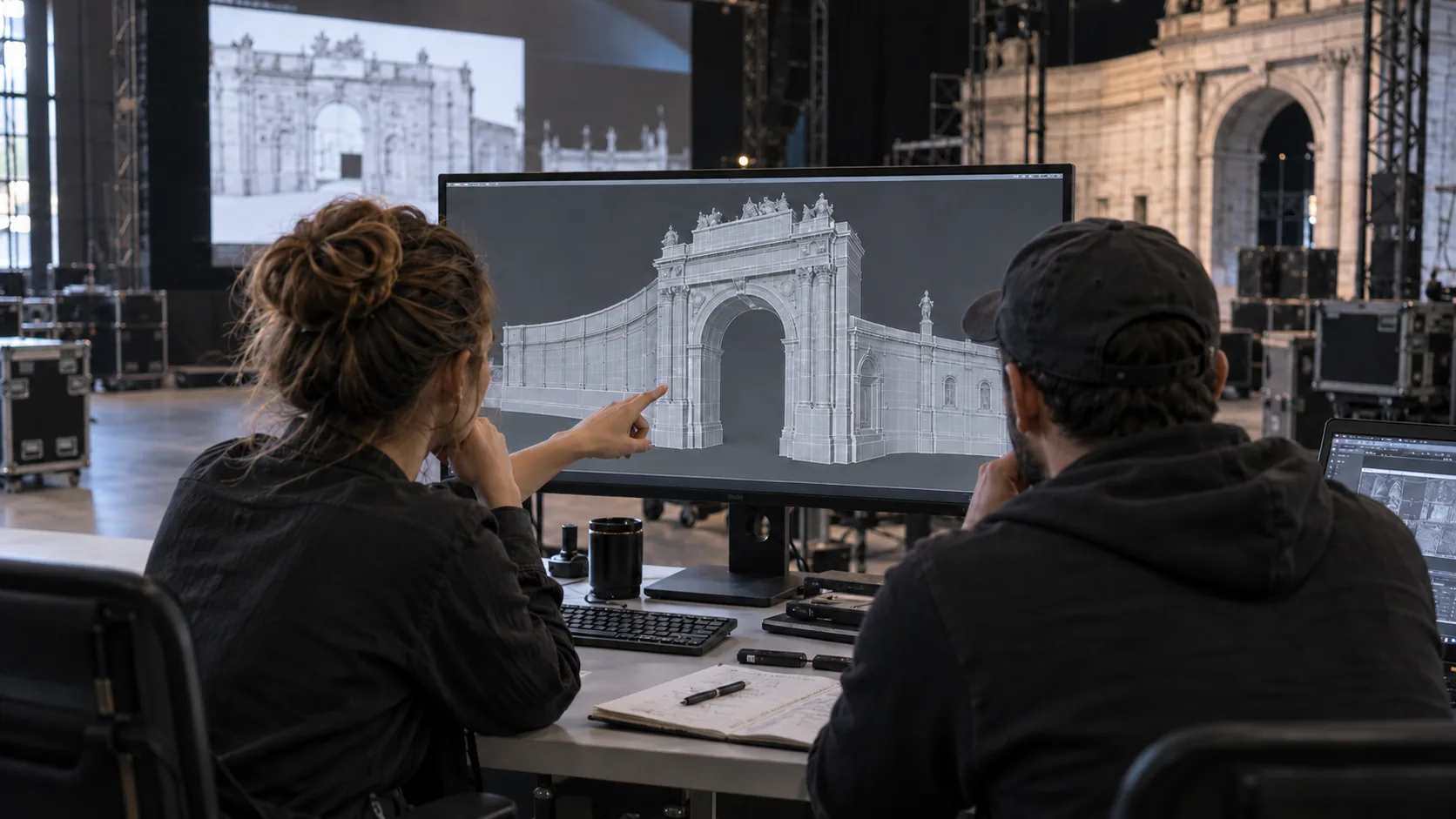 Production team reviewing a solid architectural model with wireframe edges