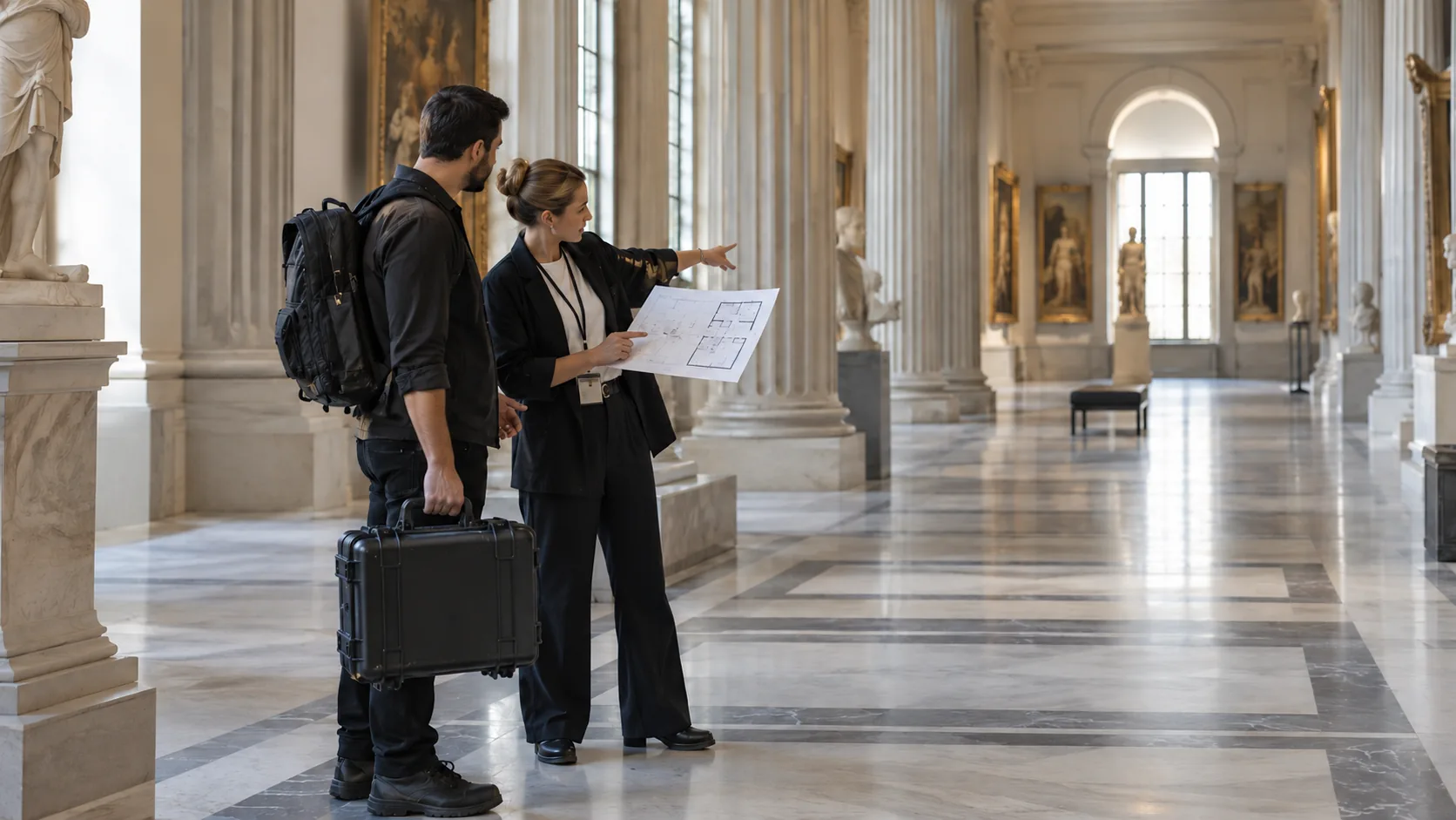 Venue representative and capture team reviewing a floor plan in a quiet museum hall