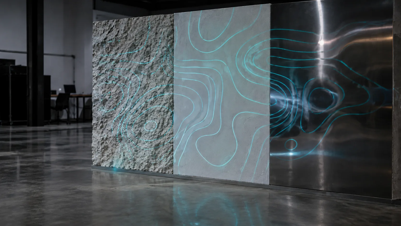 Stone, plaster and reflective metal panels responding differently to projected lines