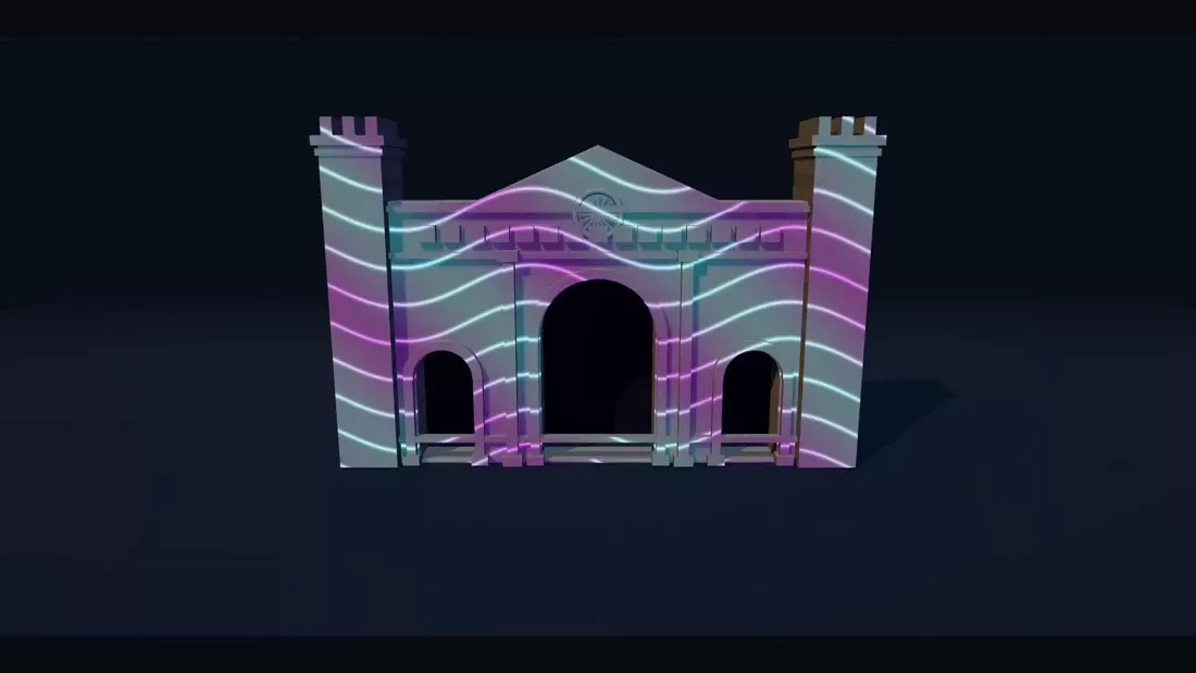 Virtual stone facade with projected cyan and violet contours